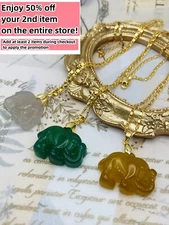 Jade Elephant Pendant Charm Necklace W/ 18K Gold Plated Chain Handmade Carved