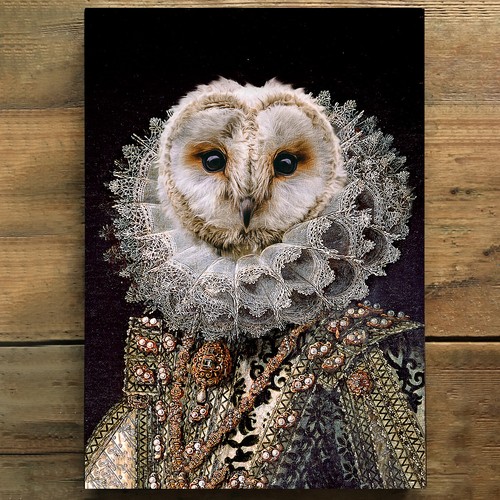 Vintage Owl Queen Portrait print Royal princess outfit Renaissance painting - Picture 4 of 6