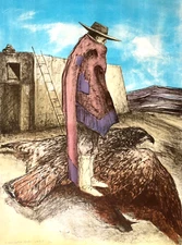 O'Stogre Indigenous Art 30x22" Man Shadow Bird Adobe Pueblo Navajo Cowboy Boots