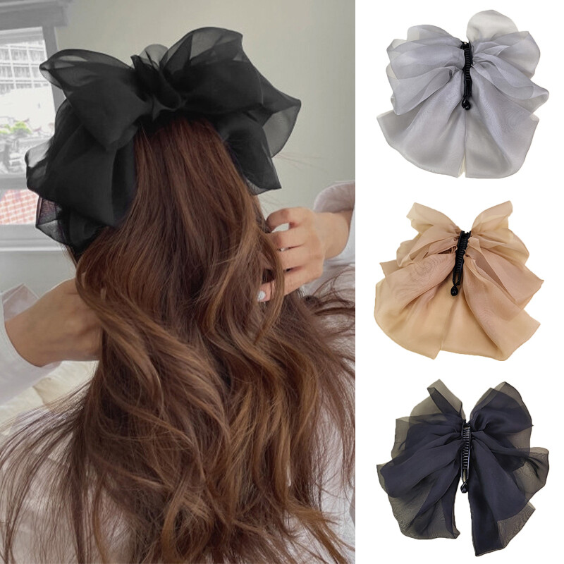 Elegant Women's Chiffon Bow Banana Clip for High Pon                              