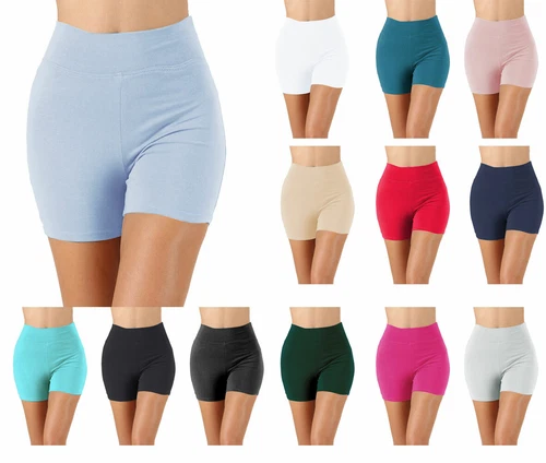 Womens Cotton Spandex High Thigh Rise Biker Shorts Thick Band Leggings