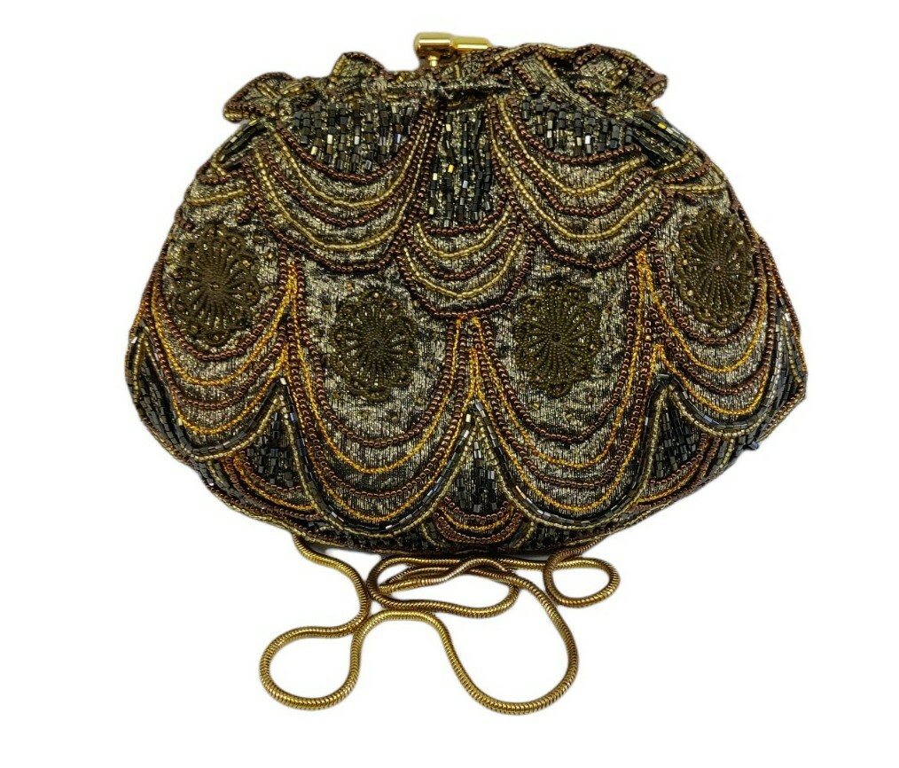 VTG Beaded Evening Bag With Filigree Hearts Kiss Clasp & Chain Gold Brown