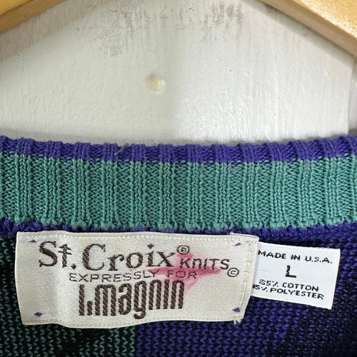 St Croix Knit Sweater Mens Large Neon Colorblock Abstract 90s VTG Cosby Coogi - Picture 5 of 8