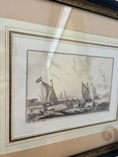 Antique Etching French Framed R. Feeman Boat Scene Small Size