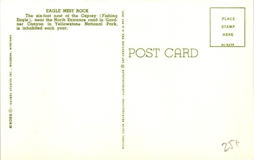 Adlernest Felsen Yellowstone Nationalpark Nordeingang 60er Vintage Postkarte - Bild 2 von 2