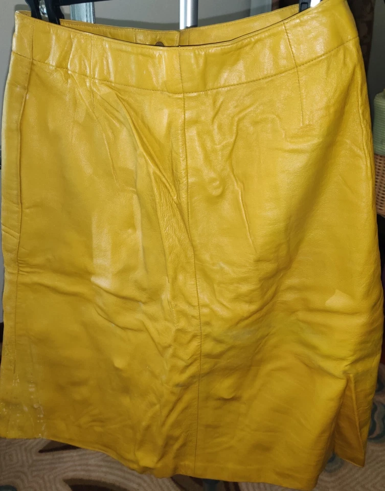 Falda Saks Fifth Avenue Cuero Amarillo Mostaza Años 80 Largo Medio Talla 14 Grande Foto 4 de 4