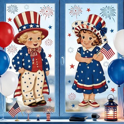 2 Pcs Patriotic Window Clings Vintage Star Stripe Boy Girl Firework Window