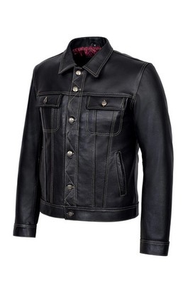 Men's TRUCKER Leather Jacket Black Classic Shirt Style Western Cowhide Jacket
