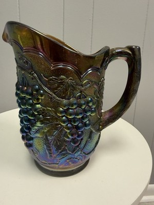 Vintage Imperial Carnival Glass Grape Pattern Pitcher Marigold Iridescent 9 