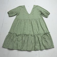 ASOS DESIGN Dress Womens 6 Green V Neck Puff Sleeve Eyelet Tiered Boho Sundress