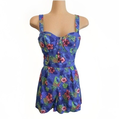FOREVER NEW Honey Bustier Blue Pineapple Hibiscus Print Romper Playsuit 10AU/6US