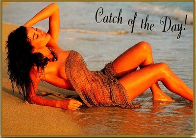 Postcard Hawaii HI Catch of the Day Bathing Beauty Pretty Lady Fish Net