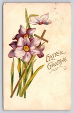 Vintage 1908 Easter Greeting Postcard Embossed Flowers Gold Cross Germany
