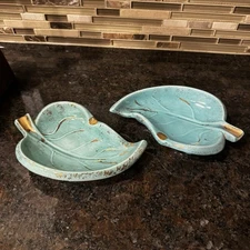 2 Vintage MCM Leaf Ashtray Turquoise & Gold Plymouth Products Co. DG15 Ceramic