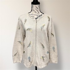 Maglione cardigan vintage Talbots beige lino cotone ricamato perline piuma M