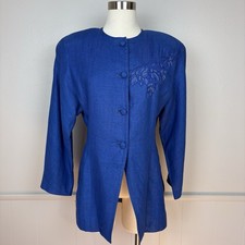 Vintage Joseph Ho 1980s Royal Blue 100 Linen Suit Jacket Floral Embroidery Sz 8