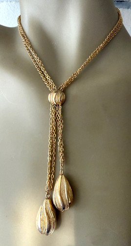 ESTATE VINTAGE GOLD TONE LARIAT CHAIN TEXTURED BEAD TASSEL NECKLACE 14"
