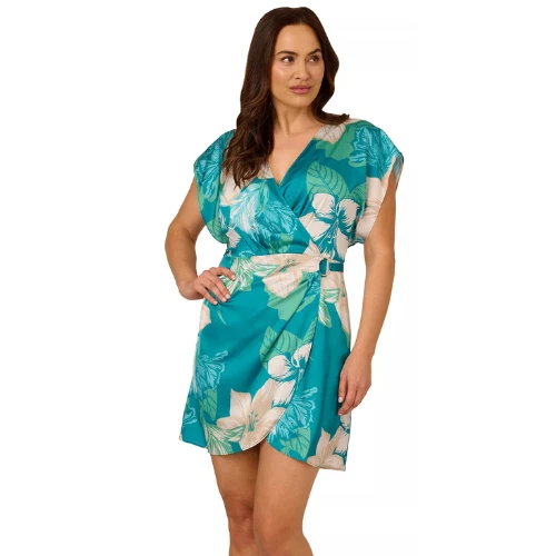 Vestido Adrianna Papell Verde Blanco Floral Envolvente Talla 16W Noche Cóctel Nuevo con Etiquetas