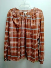 ANA A New Approach Womens 3X Plaid Button Front Blouse Long Sleeve Brown