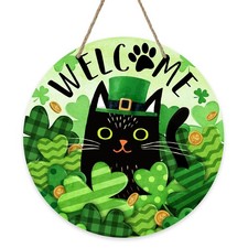Welcome St. Patrick's Day Black Cat Front Door Sign, Shamrock Clover Top Hat ...