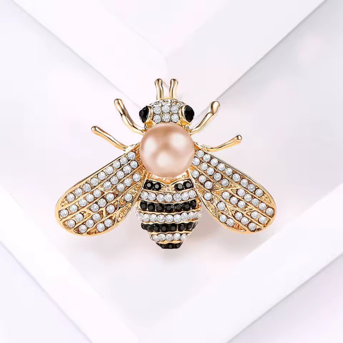 Designer Inspired Gold Finish Bee Insect Pearl Rhinestone Decor Statement Brooch