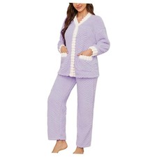 Women's Plush Fleece Pajama Set,Soft Cozy Pajama for Medium Lavender white
