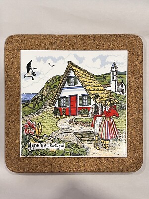 Madeira Ceramic Porcelain Coaster Tile Trivet With Cork 5.75  Vintage
