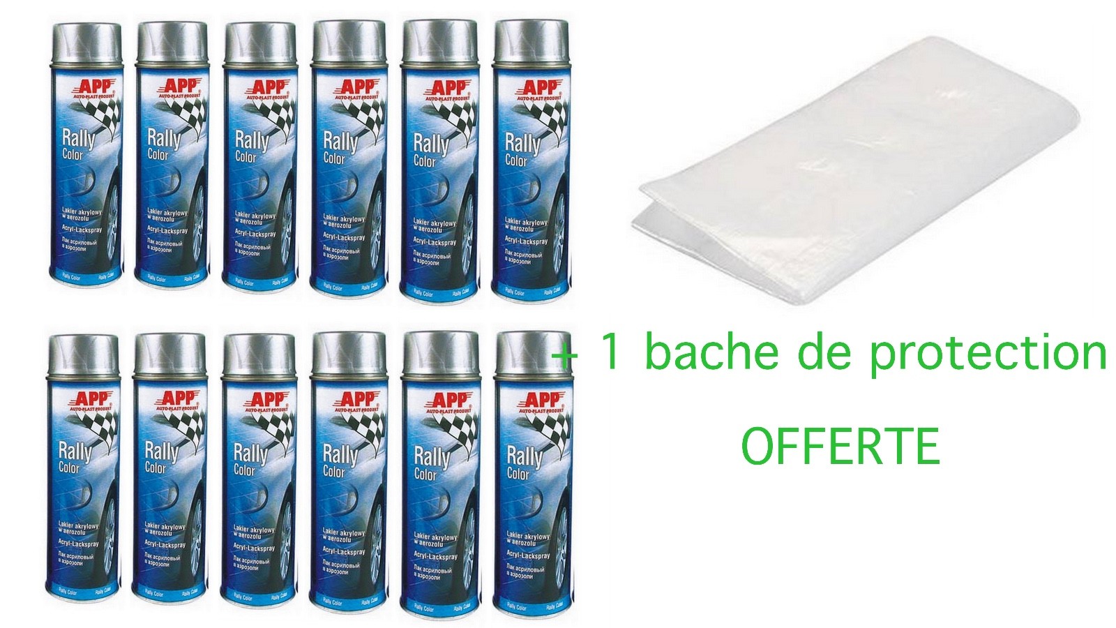 12 bombes de peinture alu argenté PE100 de 500ml avec bâche pour carrosserie auto