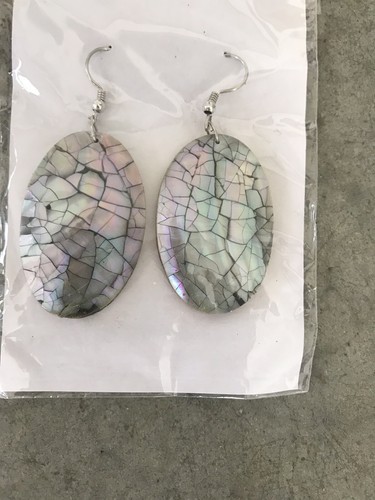 Pendientes colgantes de madera ovalados de piedra lunar opalescente agrietada moteada - Imagen 2 de 9