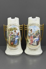 Antique PAIR Austrian marked porcelain vases lady romantic portraits 1910s 