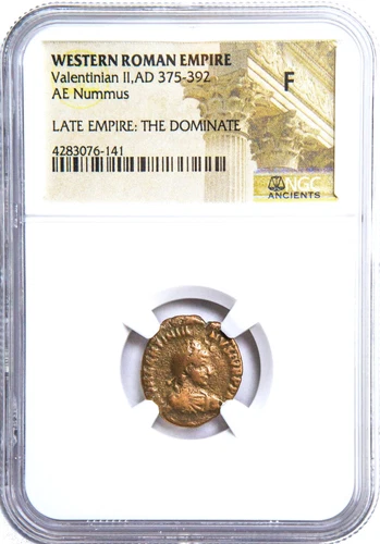 A-DS6 - Roman Empire AE3 Valentinian II (AD 375-392) Nummus NGC (F) Copper Coin