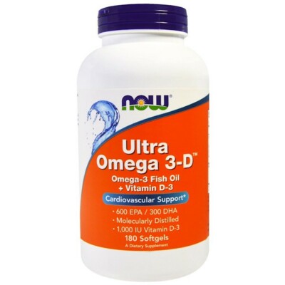 NOW FOODS, ULTRA OMEGA 3-D 600 EPA/300 DHA Vit D3 180 Weichkapseln SUPER PREIS