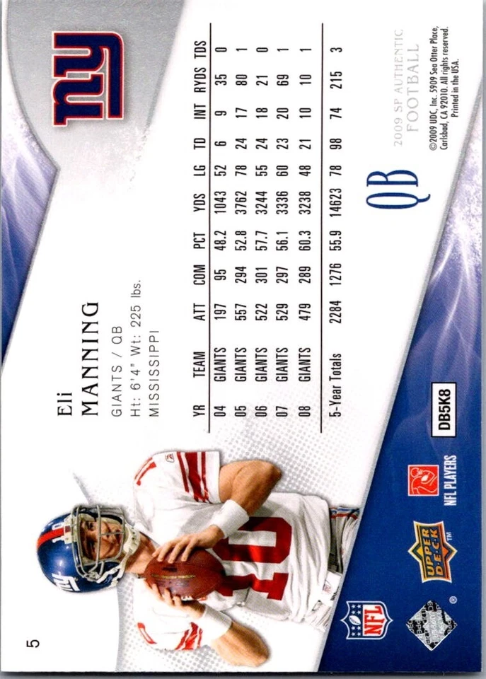Eli Manning 2009 SP Authentic #5 New York Giants - Image 2 of 2