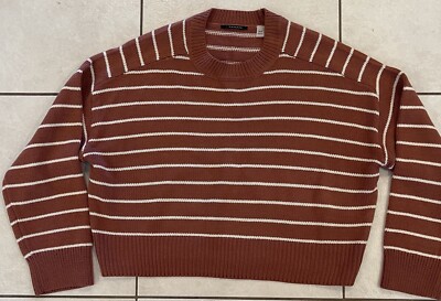 Tahari Women s Striped Cropped Sweater RUST Brown White MEDIUM