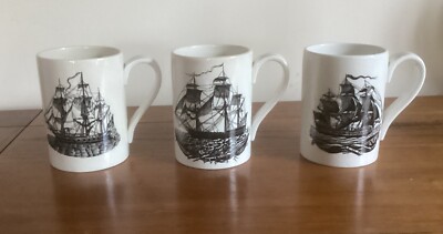 Vintage drei weiße + schwarze Tassen Segelschiffe - Keramik Marke unlesbar