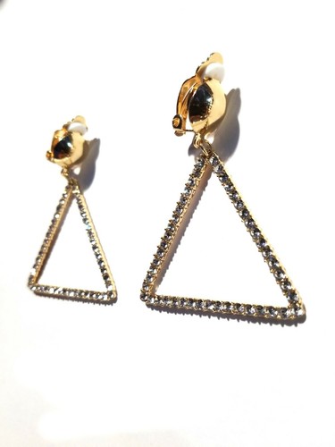CLIP-ON EARRINGS RHINESTONE CRYSTAL TRIANGLE HOOP EARRINGS GOLD OR SILVER 2.5 IN - Picture 4 of 5