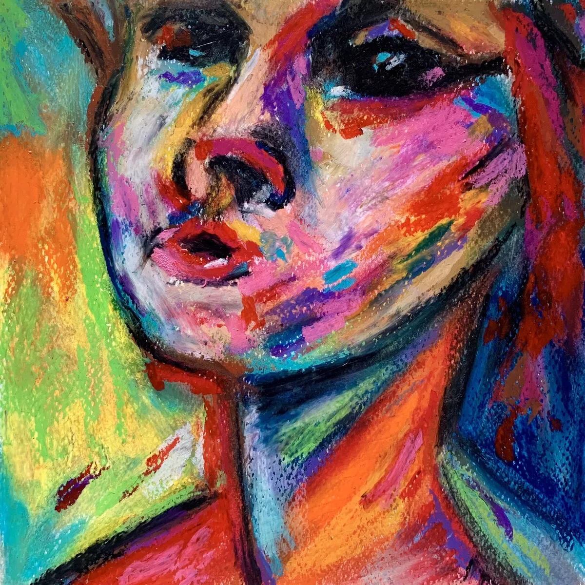 Original oil pastels art. Abstract Portrait. Size 8.3”x8.3”