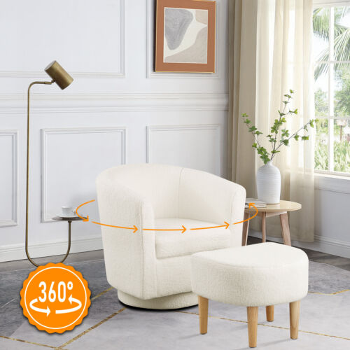 360° Swivel Accent Chair +Ottoman Modern Armchair Living Room Barrel Single Sofa - Picture 2 of 9