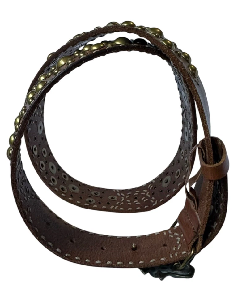 Vintage BETSEY JOHNSON Brown Genuine Leather Floral Buckle Studded Belt Size M - Image 4 of 4
