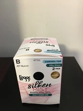 B JET BLACK L'EGGS SILKEN MIST SILKY SHEER LEG CONTROL TOP SHEER TOE TIGHTS 2PK