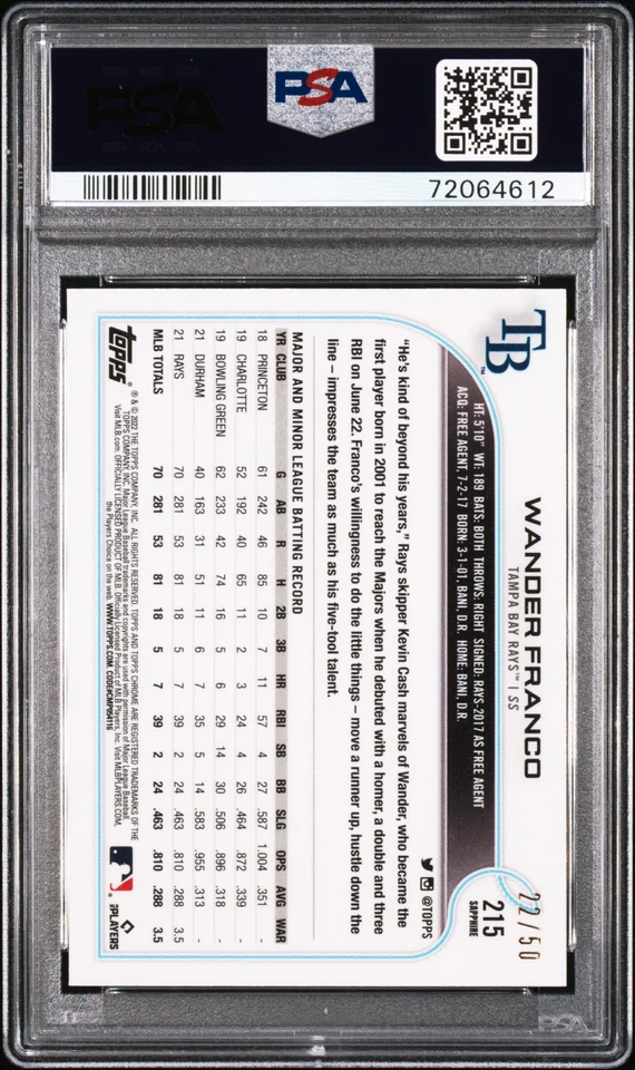 Wander Franco 2022 Topps Chrome Sapphire #215 Sapphire Gold PSA 10 #22/50 - Image 2 of 2