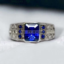 Blue Sapphire Emerald Cut Gemstone With 925 Sterling Silver Ring For Men's #308