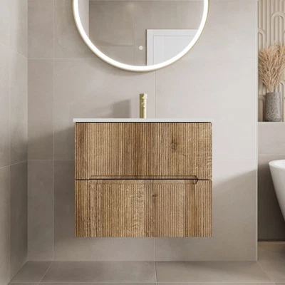 AFFINE 600mm Bathroom Cloakroom Vanity Unit Basin Sink Wall Hung Fluted Oak Unit