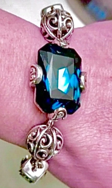 PULSERA BRILLANTE BOLA CRISTAL MEDIANOCHE AZUL SWAROVSKI CRISTAL PLATA EN MUY BUENA CONDICIÓN+&BOLSO✨VTG Foto 2 de 3