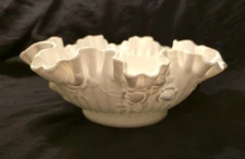 Fenton Cabbage Rose Ruffled White Milk Glass Bowl Candy Dish Compote Midcentury 