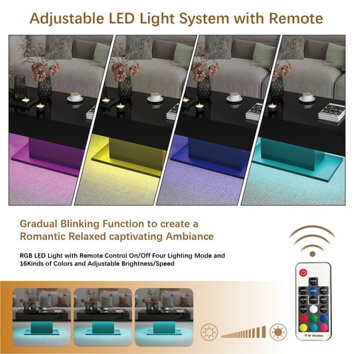 High gloss Coffee Table with RGB LED Lights Living Room Cocktail Table Black - Picture 4 of 13