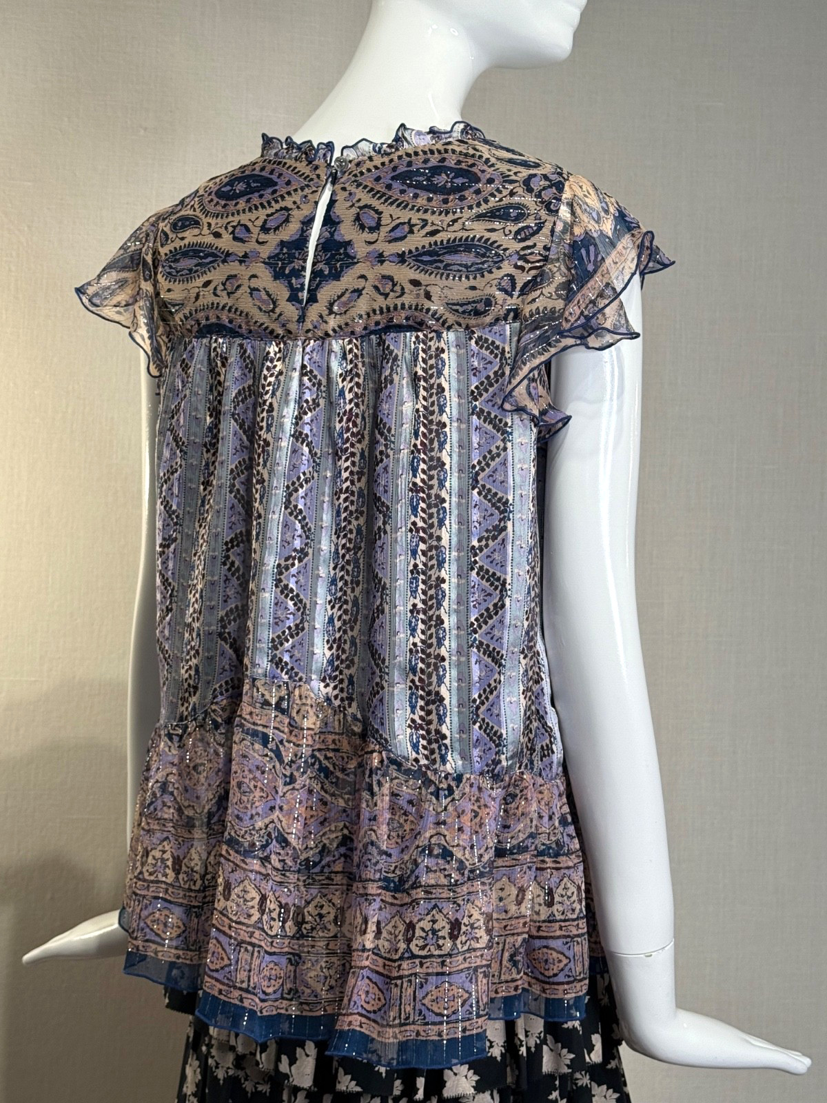 Spring 2011 Anna Sui Sheer SILK Cap Sleeve Blouse Size 8, Metallic Paisley NWT