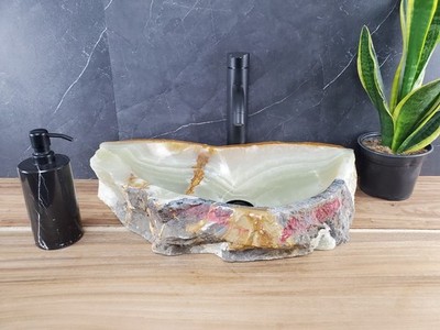 Green Gray and Umber Onyx Stone Vessel Bathroom Sink, 20.5 x 11 inch Heart Sink