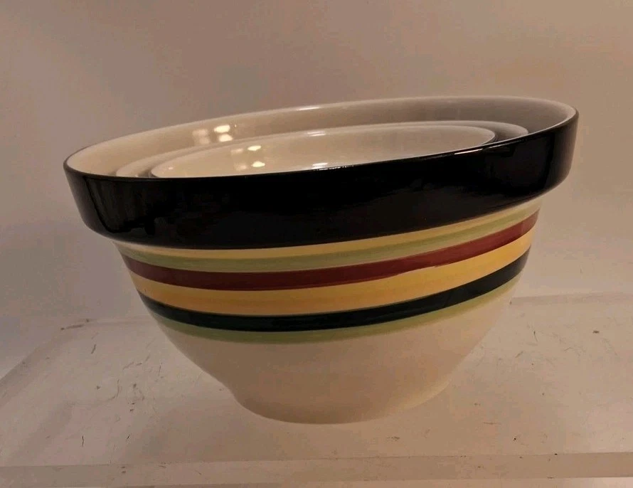 Vintage Pottery Stoneware 3 Nesting Mixing Bowls Multicolored Stripes Read Look!