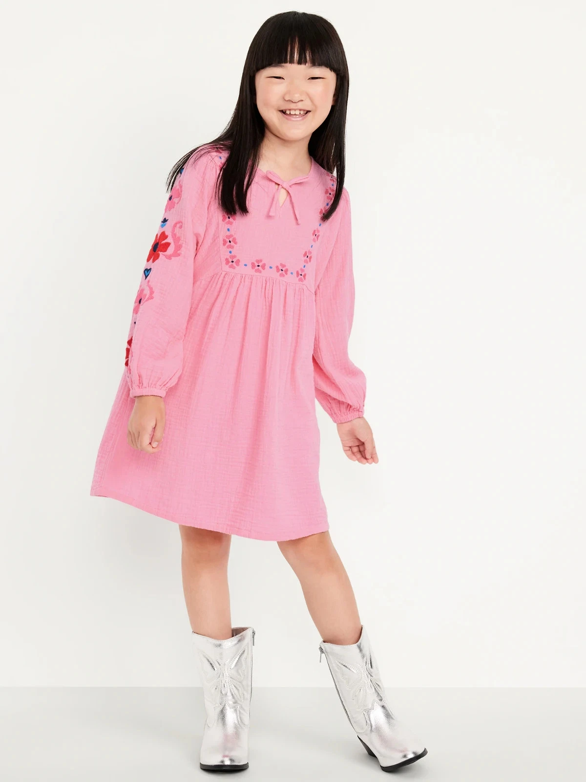 Old Navy Gauze Double-Weave Embroidered Swing Dress Girls L 10-12 Pink NEW